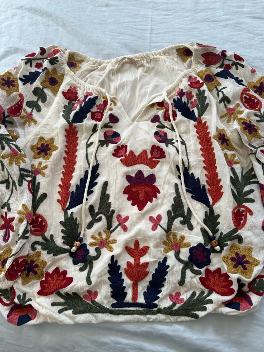 Soft Surroundings Ivory Peasant Blouse with Multicolor Floral Embroidery